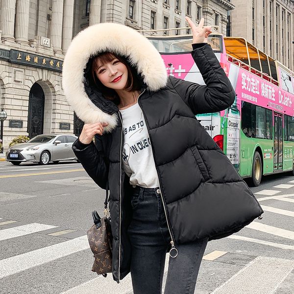 

2019 new style korean-style large fur collar slim fit shaping simple warm windproof "hooded jumper winter women's cotton coat, Blue;black