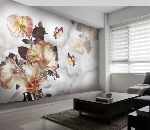 moderno fashion flores pintadas à mão borboleta jazz europeu padrão de mármore branco decorativo papel de parede traseira