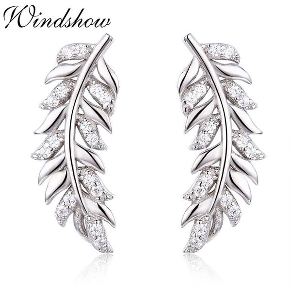 

925 sterling silver feather leaf cz ear climber stud earrings for women girls jewelry orecchini aros aretes ear jacket oorbellen t7190617, Golden;silver
