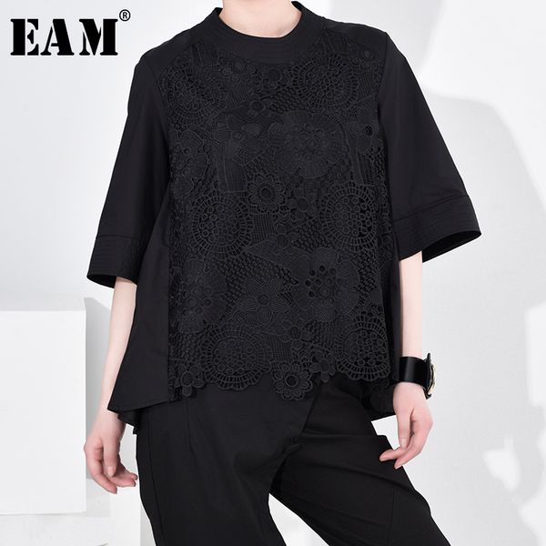

eam] women black lace big size blouse new stand collar three-quarter sleeve loose fit shirt fashion spring autumn 2020 1n91001, White