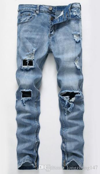 

new men biker jeans straight jeans high elasticity broken hole trousers new camo pants man's frazzle button pants slim skinny casual je, Blue