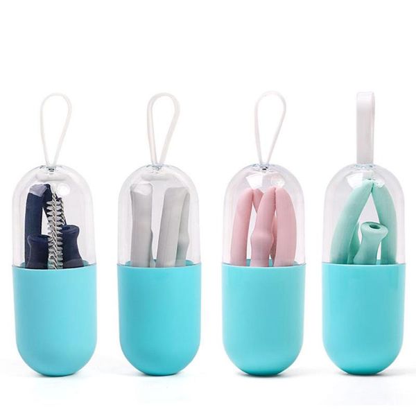 

dragonpad portable collapsible reusable drinking straws silica gel folding drinking straws with cleaning brush case kitchen tool