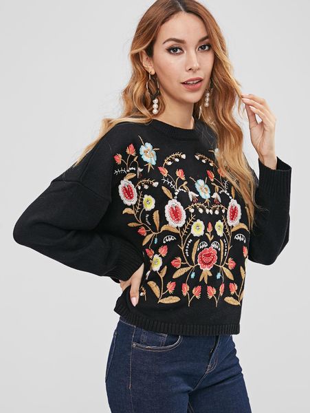 

wholesale flower embroidery crew neck sweater loose fit sweater, White;black