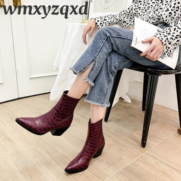 

black wine red leather ankle boots western cowboy boots for women winter pointed toe wedges motorcycle 33-45 wmxyzqxd