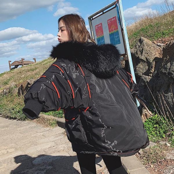 

winter women's down cotton jacket hit color overcome simulation large fur collar warm parkas female thicker hooded outwear l1737, Black
