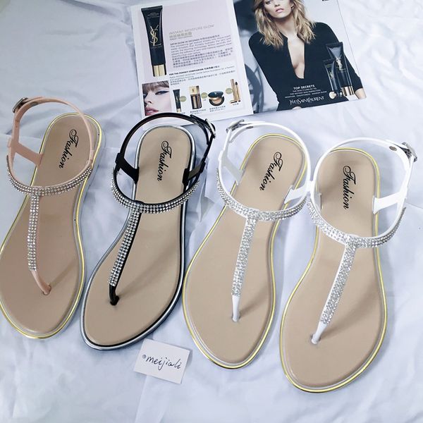 2019 New Fashion Womens Flat Sandal T Strap Rhinestone Flip Flops