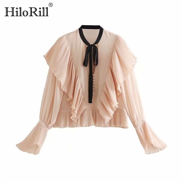 

fashion women stylish bow neck pink blouse flare long sleeve buttons chic shirt ruffles hollow out ladies pleated tunic, White