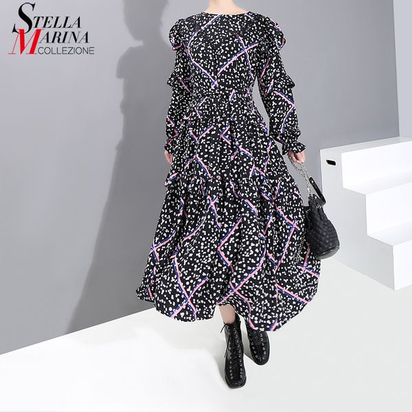 

* new 2019 women full sleeve winter fashion long black dress snowflake printed ruffles ladies elegant casual dress vestidos 5790, Black;gray