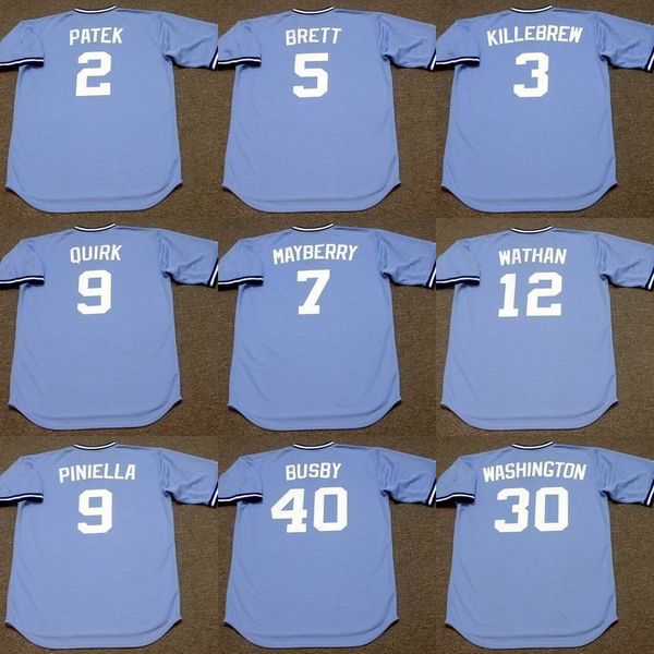 

men kansas city 9 jamie quirk 30 u.. washington 39 al hrabosky 26 amos otis 40 steve busby 22 dennis leonard baseball jersey 1980, Blue;black