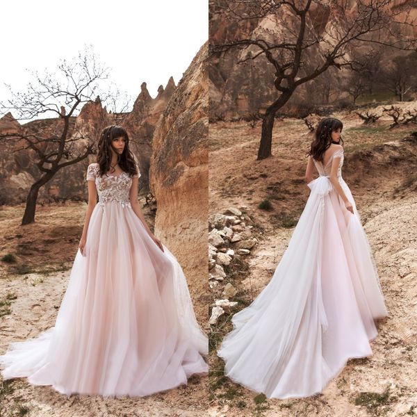 

2020 lace wedding dresses v neck short sleeves appliques a line bridal gowns button back sweep train wedding dress robe de mariee, White