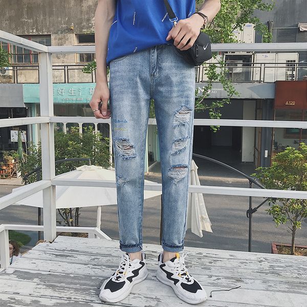

2019 spring new port wind japanese harajuku low waist nine pants trousers embroidery casual solid color jeans blue 27-34
