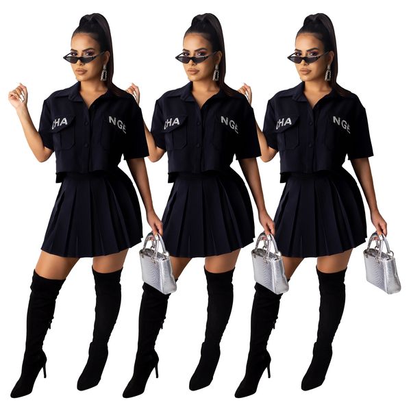 

49d9198 women's casual fashion solid color letter embroidery pleated skirt short-sleeved suit classic and versatile, White