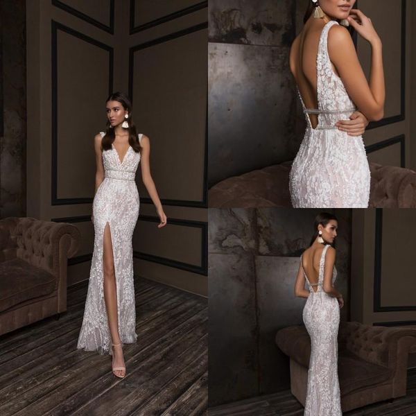 

crystal design mermaid wedding dresses v neck backless bridal gowns front slit custom lace wedding dress plus size, White