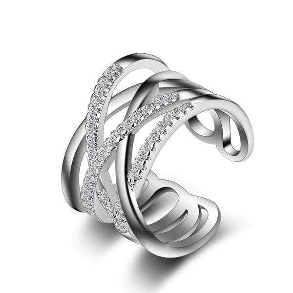Luxo 925 Anel de Prata Mulheres Camadas Duplas Influx Linhas Diamantes Anéis Simples Ajustável Atacado Direto Da Fábrica