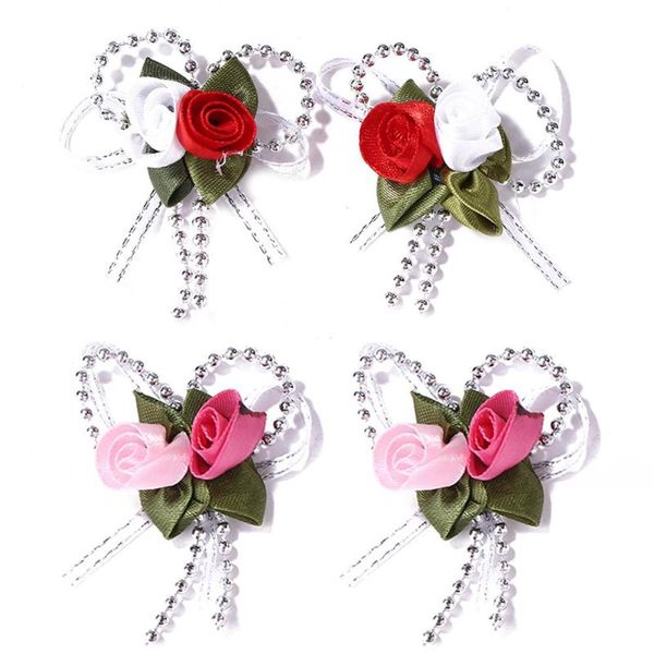 

10pcs diy artificial rose green leaves red white pink pearl bow ribbon party wedding clothing decoration birthday gifts