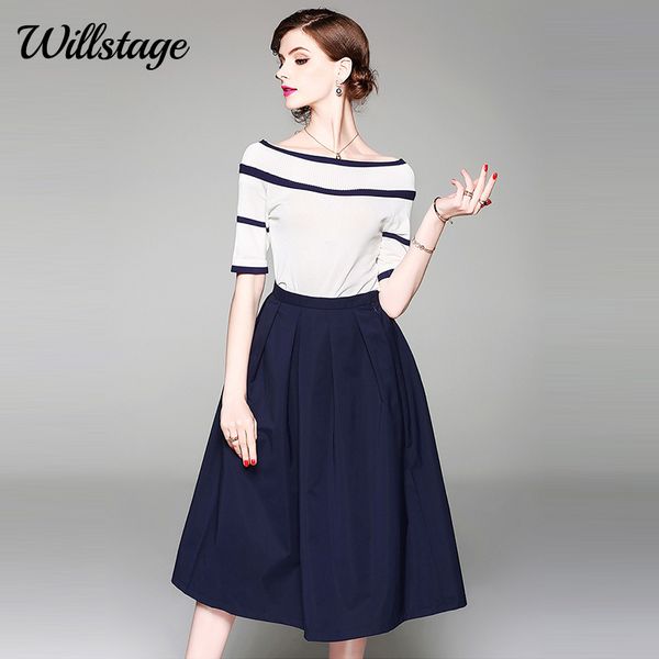 

willstage women sets knitted blouse and pleated skirts two pieces clothes elegant skirt party 2019 summer autumn suits, White