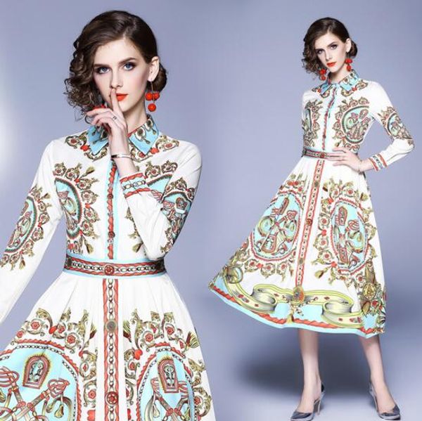 

new spring and autumn fashion print lapel mid-length long swing dress, Black;gray