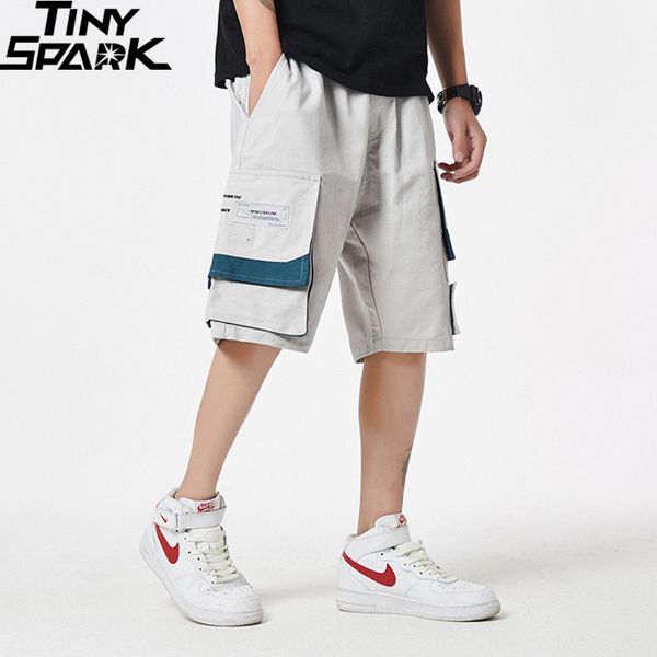 

2019 men harajuku joggers shorts streetwear hip hop cargo short pocket color block summer baggy short cotton sweatpant oversized, White;black