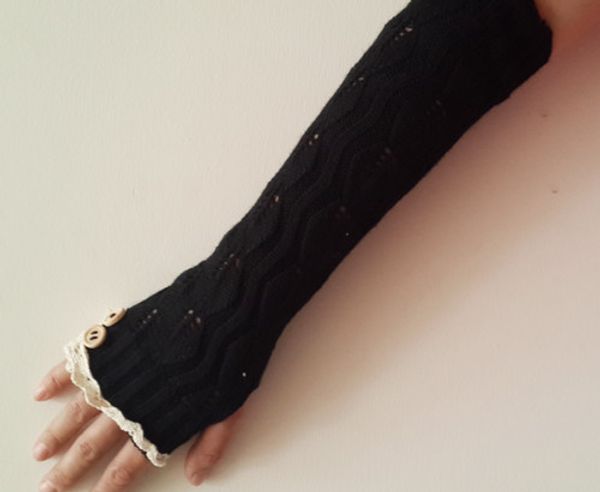 

fashion- knitted fingerless gloves ballet dance button glove burn out long arm warmers cutout fashion 7 colors l63, Blue;gray
