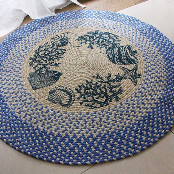 

carpets blue round floor carpet 100cm jute for living room kidsroom natural linen mat bedroom handmade knit computer chair area rug