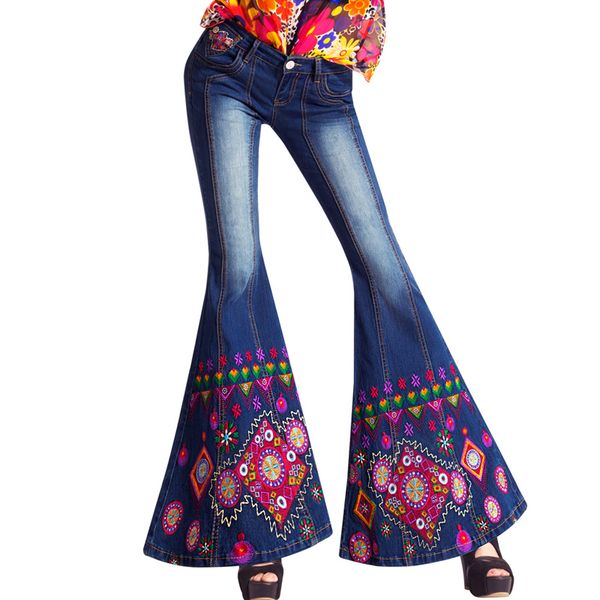 

luxury 2020 spring fall women vintage ethnic embroidery tassel long flare jeans big bell bottom high waist denim trousers y677, Blue