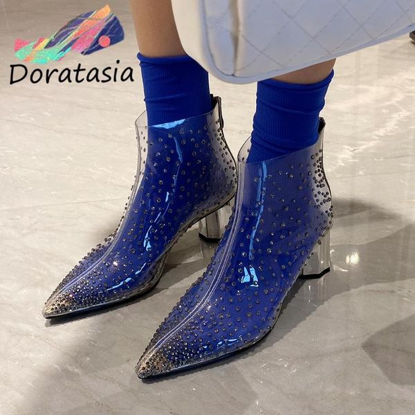 

doratasia 2020 spring new girl pointed toe crystal ankle boots transparent boots women high chunky heel shoes woman, Black
