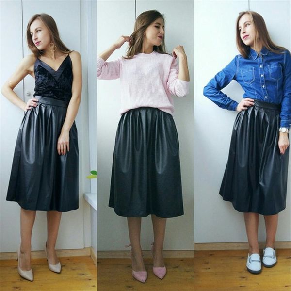 

long skirts long skirt women pu women spring autumn high waist long pleated skirt lady casual solid party maxi, Black