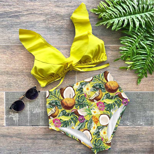 

bikinis set off the shoulder women swimsuit 2021 ruffle swimwear leaf print bathing suits beach wear swim biquini