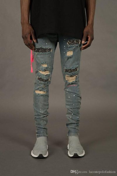 

mens designer jeans fashion holes and rhinestone ornament pencil pants homme zipper fly light washed trousers, Blue