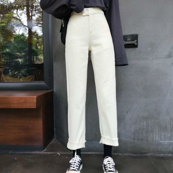 

jeans women high waist pockets button zipper sequined solid simple straight casual korean style chic streetwear womens all-match, Blue