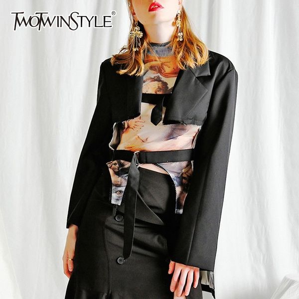

twotwinstyle irregular blazer coats women long sleeve lace up coat female oversized 2019 spring streetwear fashion clothing, White;black