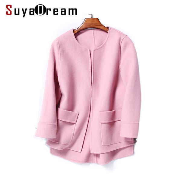 

women wool coat 100%wool short coats two pockets o neck outer wear 2017 winter red pink, Black