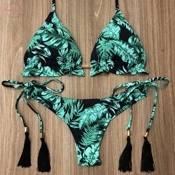 

2020 bikinis halter swimsuit women thong micro bikini string padded swimwear brazilian bikini bandage tropical plant print swimsuit, White;black