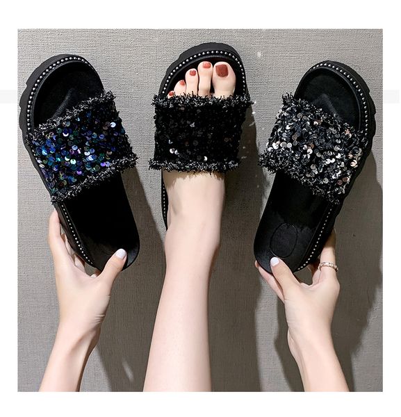 

slippers women summer shoes luxury slides med on a wedge platform lady designer flat girl bling fabric pu fashion wedges rubber, Black