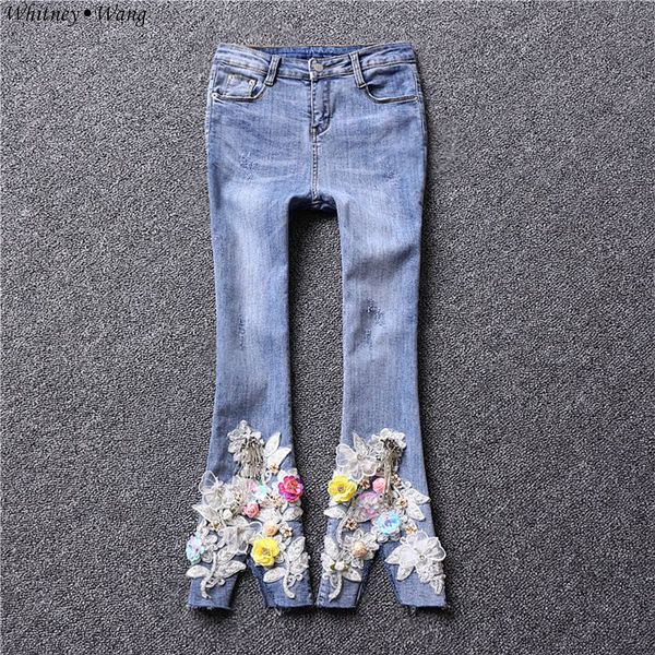 

whitney wang 2019 summer fashion streetwear sequins florals flare jeans women denim pants, Blue