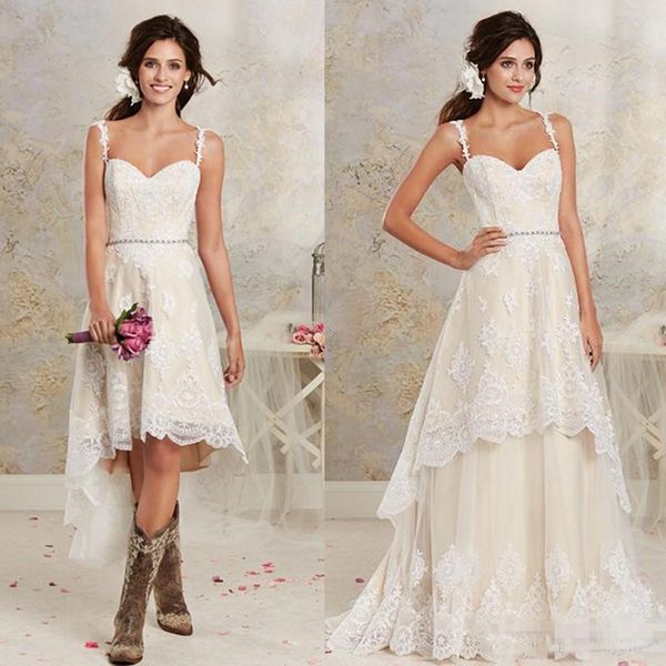 

2018 Sexy Two Pieces Wedding Dresses Spaghetti Lace A Line Bridal Gowns With Hi-Lo Short Detachable Skirt Country Bohemian Wedding Gowns
