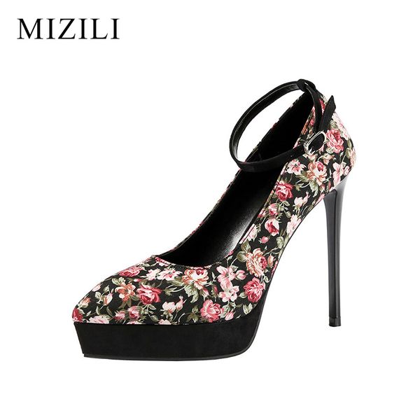 

women summer thin heels female floral buckle strap platform sandals party dress pointed toe gladiators party pumps, Black