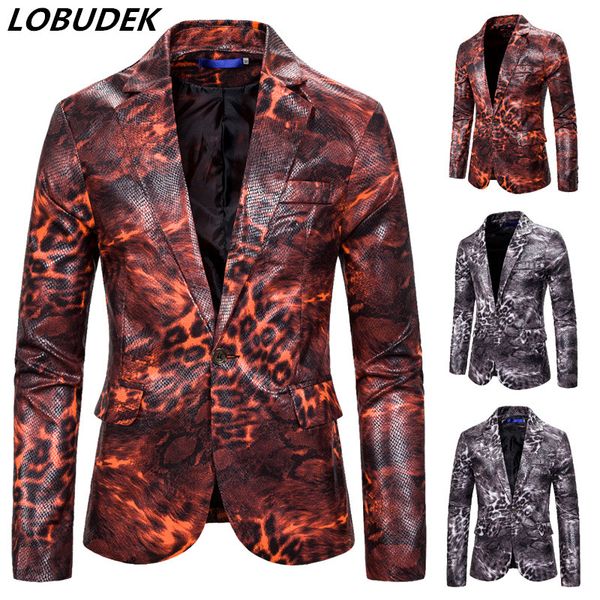 

tide singer host stage nightclub costume plus size men leopard blazers coat single button printing suit jacket blazer 2 colors, White;black