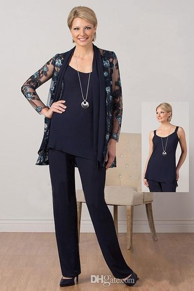 Navy Ursula Dark Mutter der Braut Hosenanzug mit Jacke Plus Size formelle Abendkleider Chiffon Mutter-Bräutigam-Kleider s