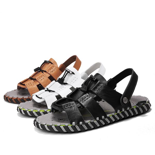 

men's summer sandals genuine leather shoes fashion male footwear man casual street leisure chaussure homme, Black