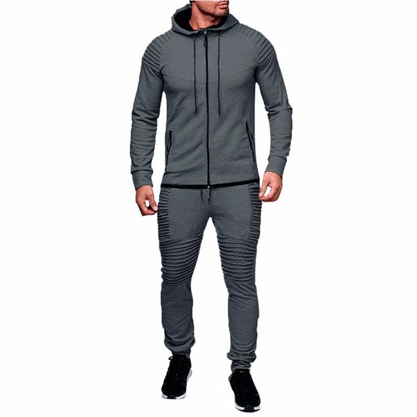 

laamei 2019 новых мужской весна осень толстовка tracksuit set мужской zipper плиссе толстовка sweatpants high street jacket наборы -3xl, Gray
