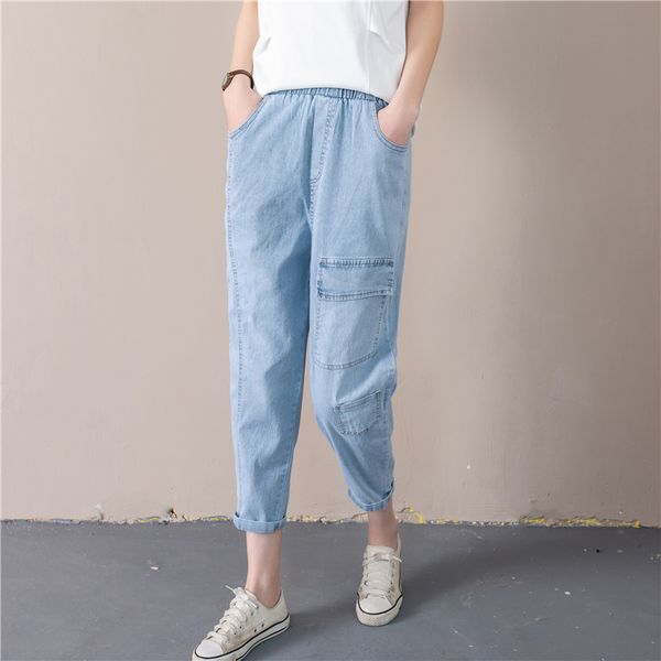 

denim pants women summer light color thin female jeans solid color elastic waist loose casual women harem pants, Blue
