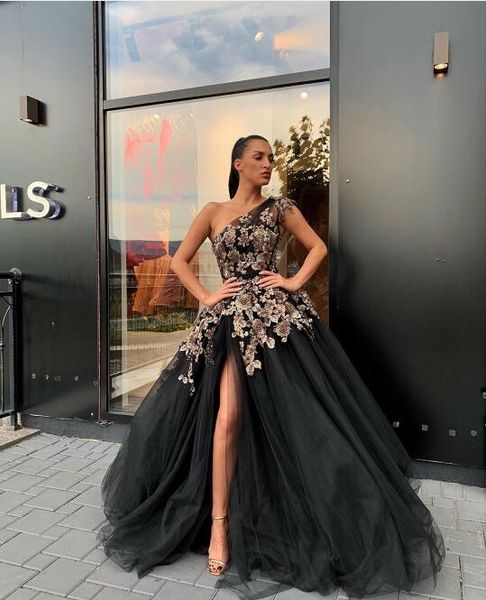 

long black evening dresses 2019 high slit beaded gold lace one strap dubai arabic women formal evening gowns abendkleider, White;black