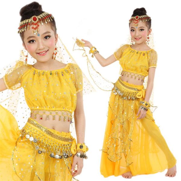 

6colors new india belly dance costume stage performance kids baby girls egypt bollywood sequins gold coin belt accessories set, Black;red