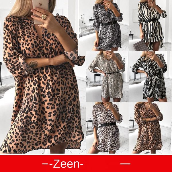 

женские дизайнерские платья осень v-образным вырезом с длинным рукавом змея печати рубашка платье без пояса, Black;gray