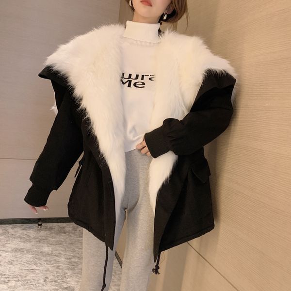 

new fur coat faux fur coat faux wool lamb liner large collar hooded parkas thicken warmer parkas manteau femme abrigo, Black