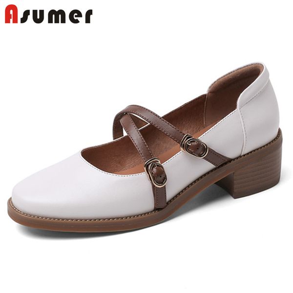 

asumer 2020 plus size 33-43 pumps women genuine leather shoes buckle simple casual shoes spring summer single woman, Black