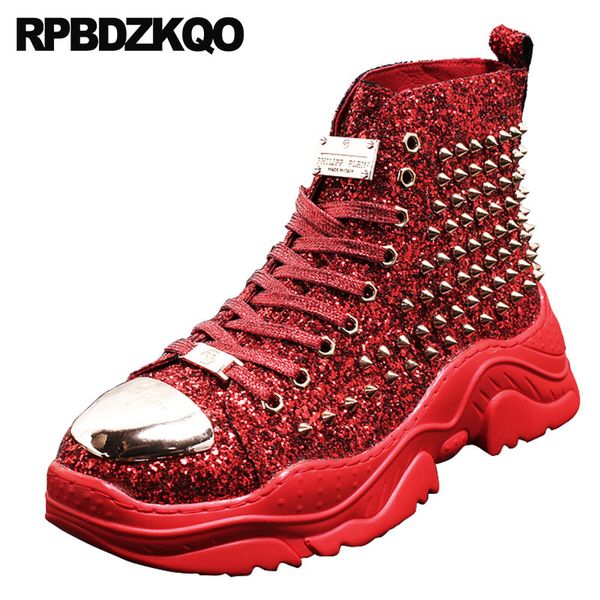 

lace up high thick soled trainer glitter boots sneakers green metalic fashion sole shoes men rock booties rivet red stud, Black