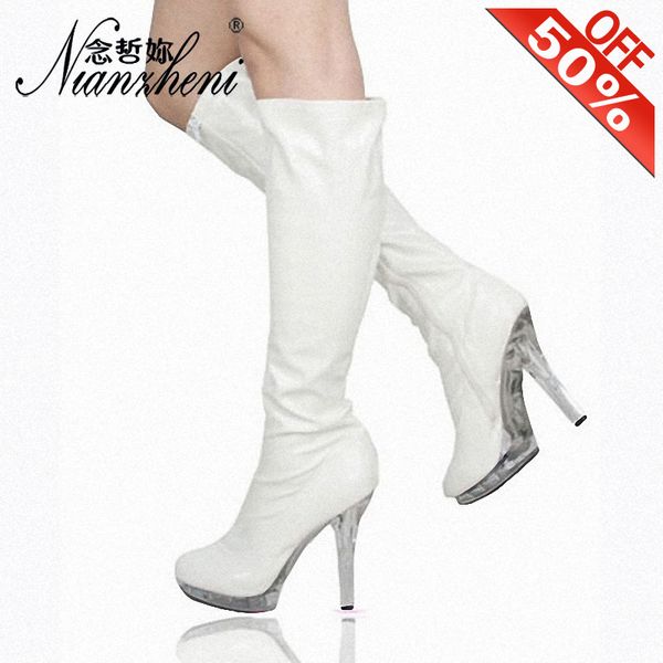 

13cm thigh high boots thin heels crystal fashion women boots 5 inch knee high white stivali donna winter female show, Black