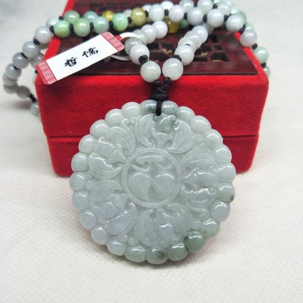 

zheru jewelry pure natural jadeite light green wufu pendant pendant three-color jadeite bead necklace a class a certificate, Silver